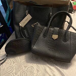 3pc Women's Black Bag Set includes Tote, Handbag & Cosmetic Bag